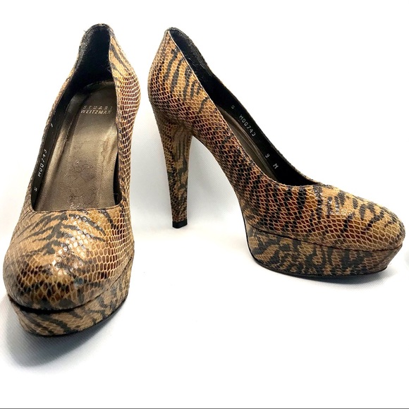 STUART WEITZMAN BROWN & BLACK LEATHER ANIMAL PRINT SNAKESKIN EMBOSSED HEELS (9)